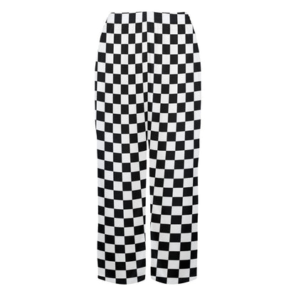 Checkered Women Pajamas Pants, Black White Check Checkerboard Satin PJ Pockets Trousers Couples Matching Ladies Trousers Bottoms