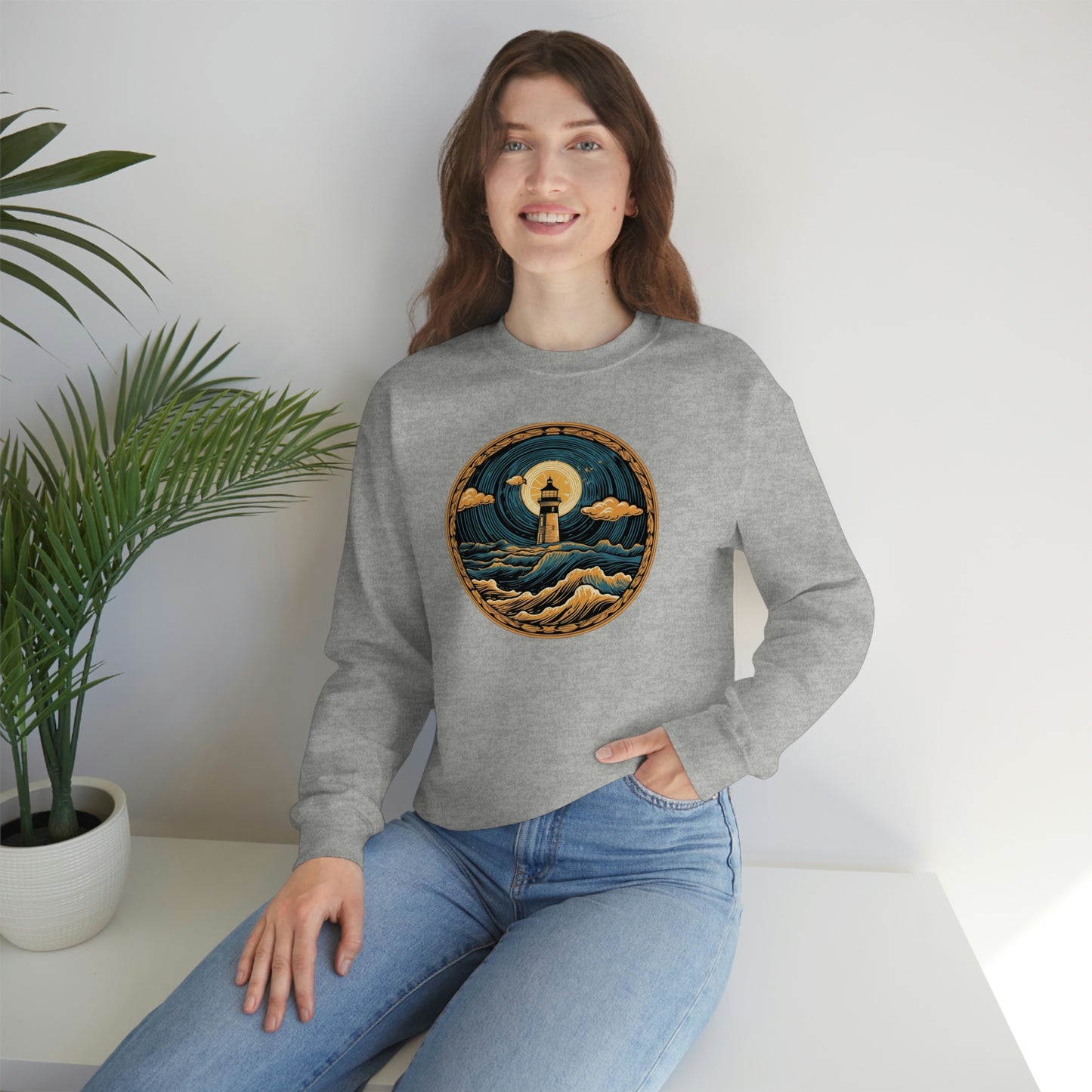 Lighthouse Sweatshirt, Waves Montauk Graphic Crewneck Fleece Cotton Sweater Jumper Pullover Men Women Adult Aesthetic Designer Top Starcove Fashion