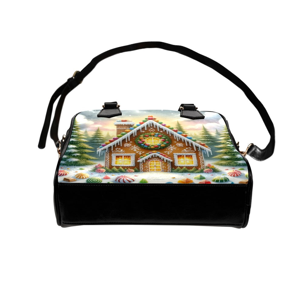 Gingerbread House Purse, Christmas Xmas Pattern Cute Small Shoulder Zip Bag Vegan Leather Women Designer Handbag Crossbody Ladies