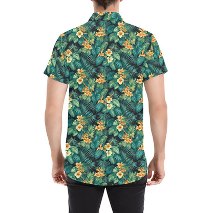 Tropical Leaves Short Sleeve Men Button Up Shirt, Green Yellow Flowers Print Casual Buttoned Down Summer Casual Dress Plus Size Collared