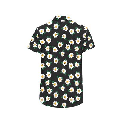 White Flowers Short Sleeve Men Button Up Shirt, Floral Black Print Casual Buttoned Down Summer Dress Guys Male Collared Shirt