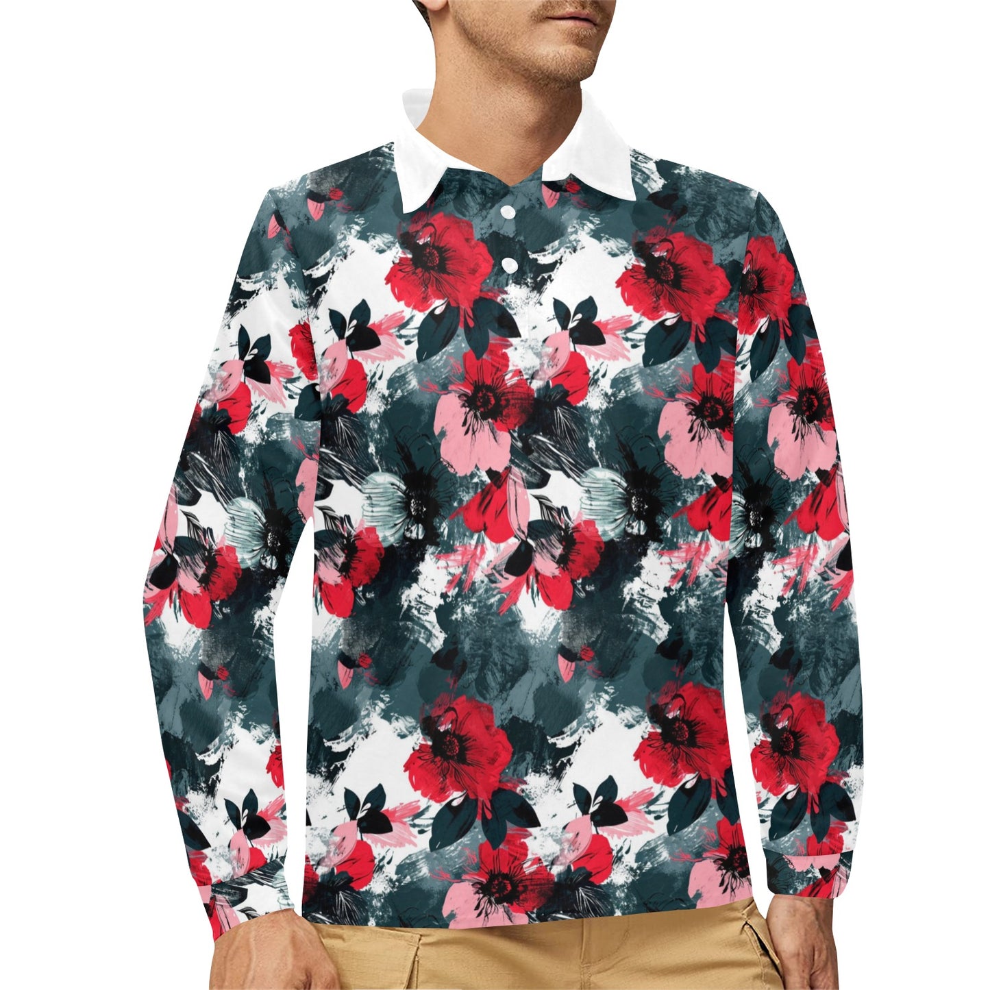 Floral Men Long Sleeve Polo Shirt, Red Green White Flowers Brush Vintage Designer Full Button Up Collared Golf Casual Tshirt Guys Top