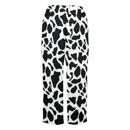 Cow Print Women Pajamas Pants, Black and White Animal Pattern Satin PJ Funny Pockets Trousers Couples Matching Ladies Trousers Bottoms