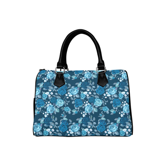 Blue Floral Print Handbag Purse Women, Cute Flowers Art Top Zipper Canvas Leather Top Handle Barrel Type Ladies Designer Accessory Bag