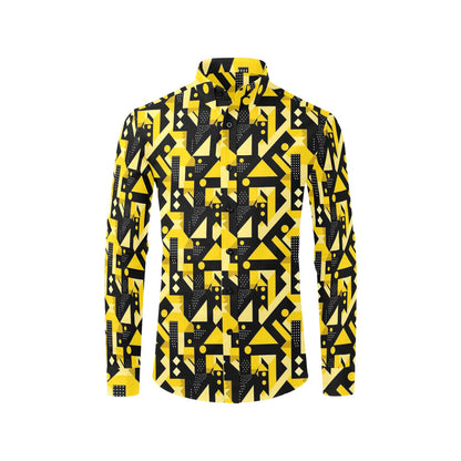 Black Yellow Geometric Long Sleeve Men Button Up Shirt, Abstract Modern Print Casual Buttoned Collared Designer Dress Shirt Chest Pocket