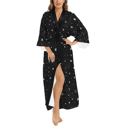 Stars Kimono Robe Long Sleeves Women, Space Black White Print Peignoir Japanese Ladies Long Maxi Sexy Lounge Sleep Pajama Bathrobe