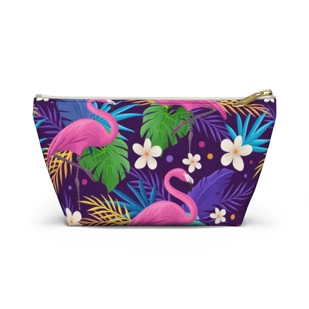 Flamingo Tropical Pouch Bag, Pink Purple Canvas Travel Wash Makeup Toiletry Bath Organizer Cosmetic Gift Accessory Large Small Zipper Starcove Fashion