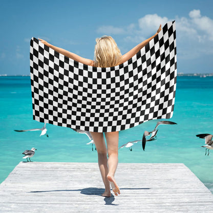 Checkered Oversized Beach Towel, Black White Check Checkerboard Pool Microfiber Large Swim Quick Dry Designer Men Women XL Cotton