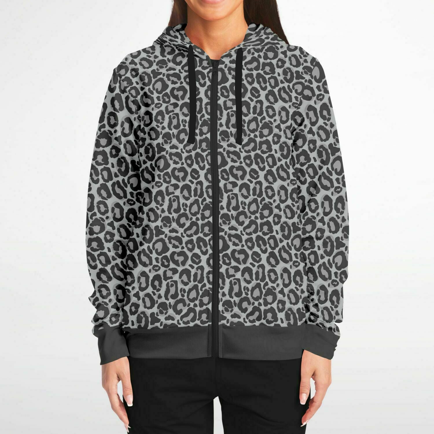 Grey Leopard Zip Up Hoodie Animal Print Front Zipper Pocket Men Women Unisex Adult Aesthetic Cotton Fleece Hooded Sweatshirt