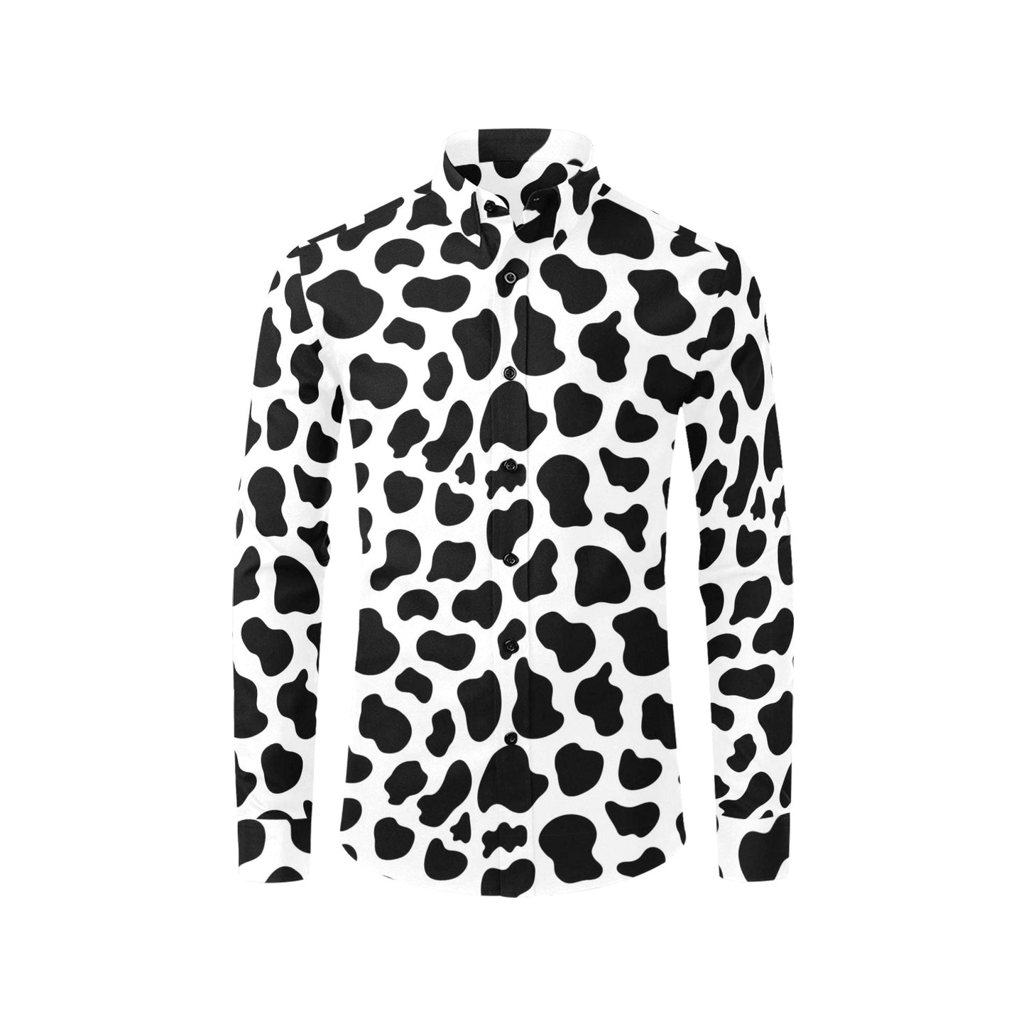 Cow Print Long Sleeve Men Button Up Shirt, Black White Animal Guys Male Print Buttoned Down Collared Graphic Casual Dress Shirt