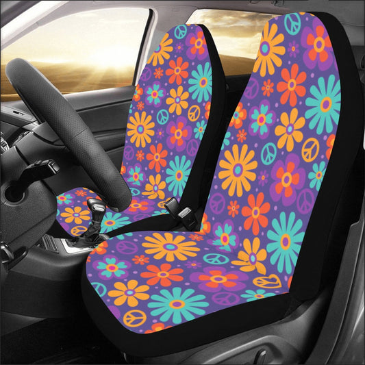 Groovy Flower Car Seat Covers for Vehicle 2 pc, Peace Sign Daisy Floral 70s Hippie Cute Front Car SUV Vans Gift Her Women Truck Accessory