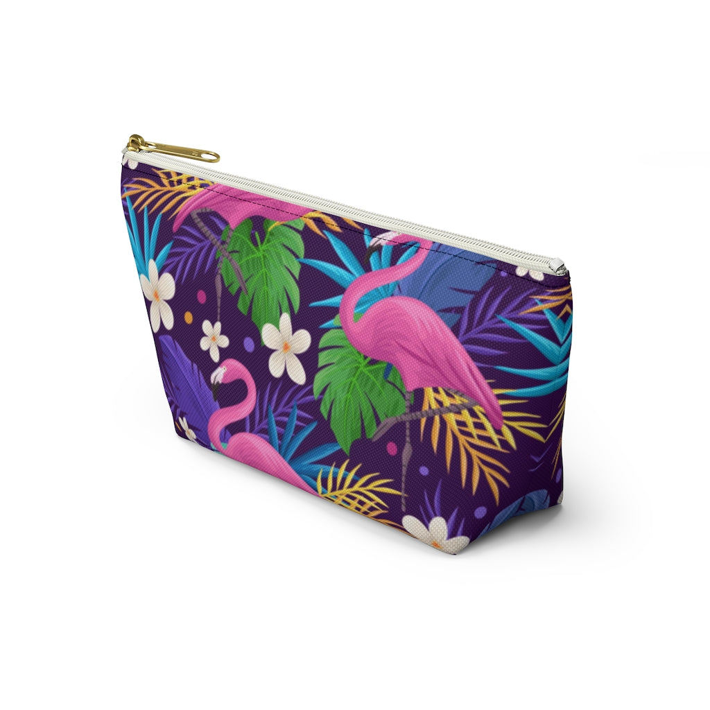 Flamingo Tropical Pouch Bag, Pink Purple Canvas Travel Wash Makeup Toiletry Bath Organizer Cosmetic Gift Accessory Large Small Zipper Starcove Fashion