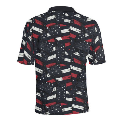 Red White Blue Check Men Polo Shirt, Navy American Flag USA Stars Stripes Short Sleeve Classic Collared Button Down Up Rugby Golf Polo Gift