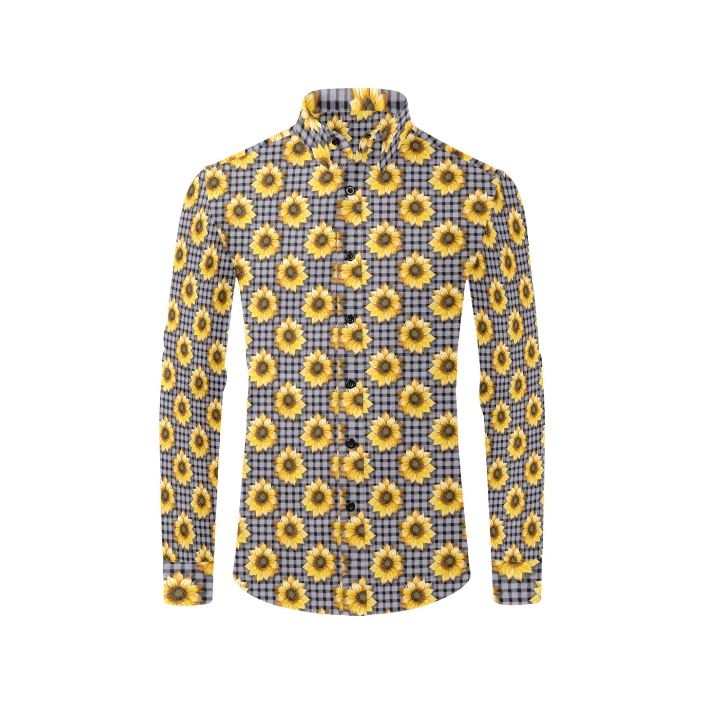 Sunflowers Long Sleeve Men Button Up Shirt, Yellow Floral Flowers Print Casual Buttoned Collared Dress Shirt with Chest Pocket Guys Male