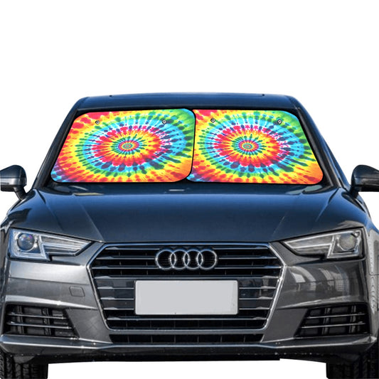 Rainbow Tie Dye Car Sun Shade 2 Piece Set, Hippie Colorful Windshield Side Window Foldable Trucks Auto SUV Protector Visor Screen Cover