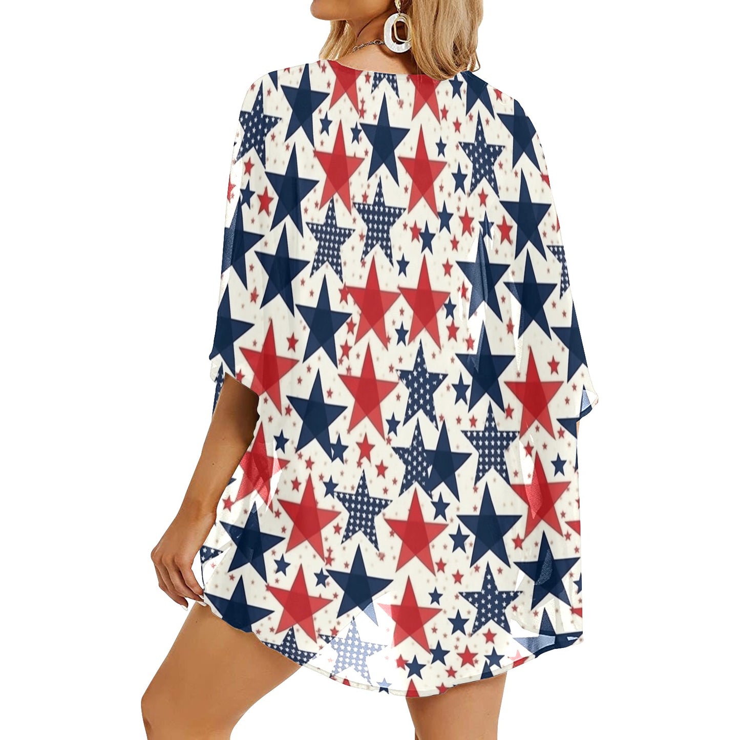 Red White and Blue Stars Beach Kimono Cover Up Chiffon Women, American Stars Stripes Swimsuit Bathing Suit Bikini Sexy Coverup Plus Size