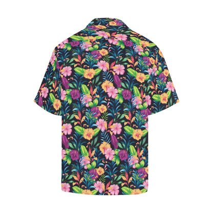 Black Pink Flowers Men Hawaiian shirt, Tropical Vintage Aloha Hawaii Retro Summer Tropical Beach Plus Size Cool Leaves Button Down Shirt