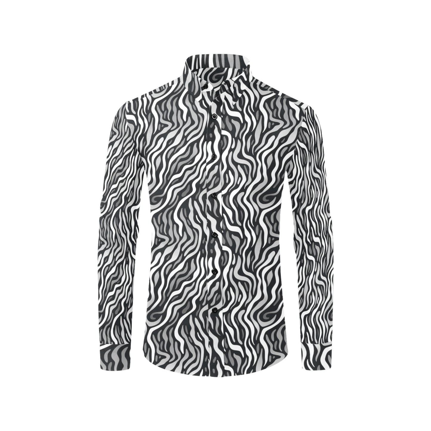 Black White Men Button Up Shirt, Grey Abstract Animal Print Art Guys Male Long Sleeve Buttoned Collar Casual Dress Shirt with Chest Pocket