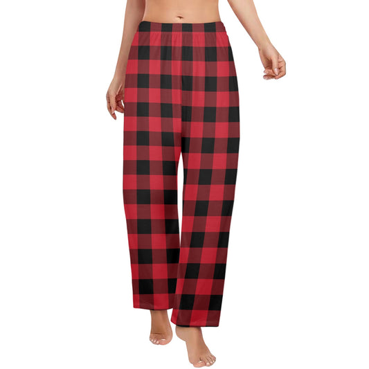 Red Buffalo Plaid Women Pajamas Pants, Black Check Christmas Xmas Satin PJ Funny Pockets Trousers Couples Matching Ladies Trousers Bottoms