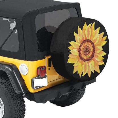 Sunflower Tire Cover, Spare Wheel Floral Yellow Flowers Black Custom Back Camera Hole Unique Design Back Tire Women Girls RV Camper