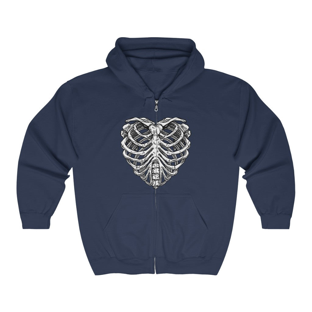 Skeleton Heart Hoodie Zip Up, Skull Rib Cage Bones Halloween Gothic Y2K  Full Zip Men Women Adult Aesthetic Graphic Hooded Sweatshirt Pockets