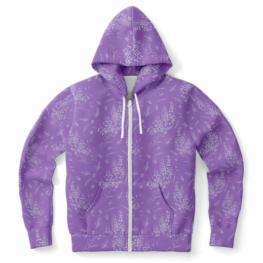 Lavender Zip Up Hoodie, Floral Flowers Purple Front Zipper Pocket Men Women Unisex Adult Aesthetic Graphic Cotton Fleece Hooded Sweatshirt Starcove Fashion