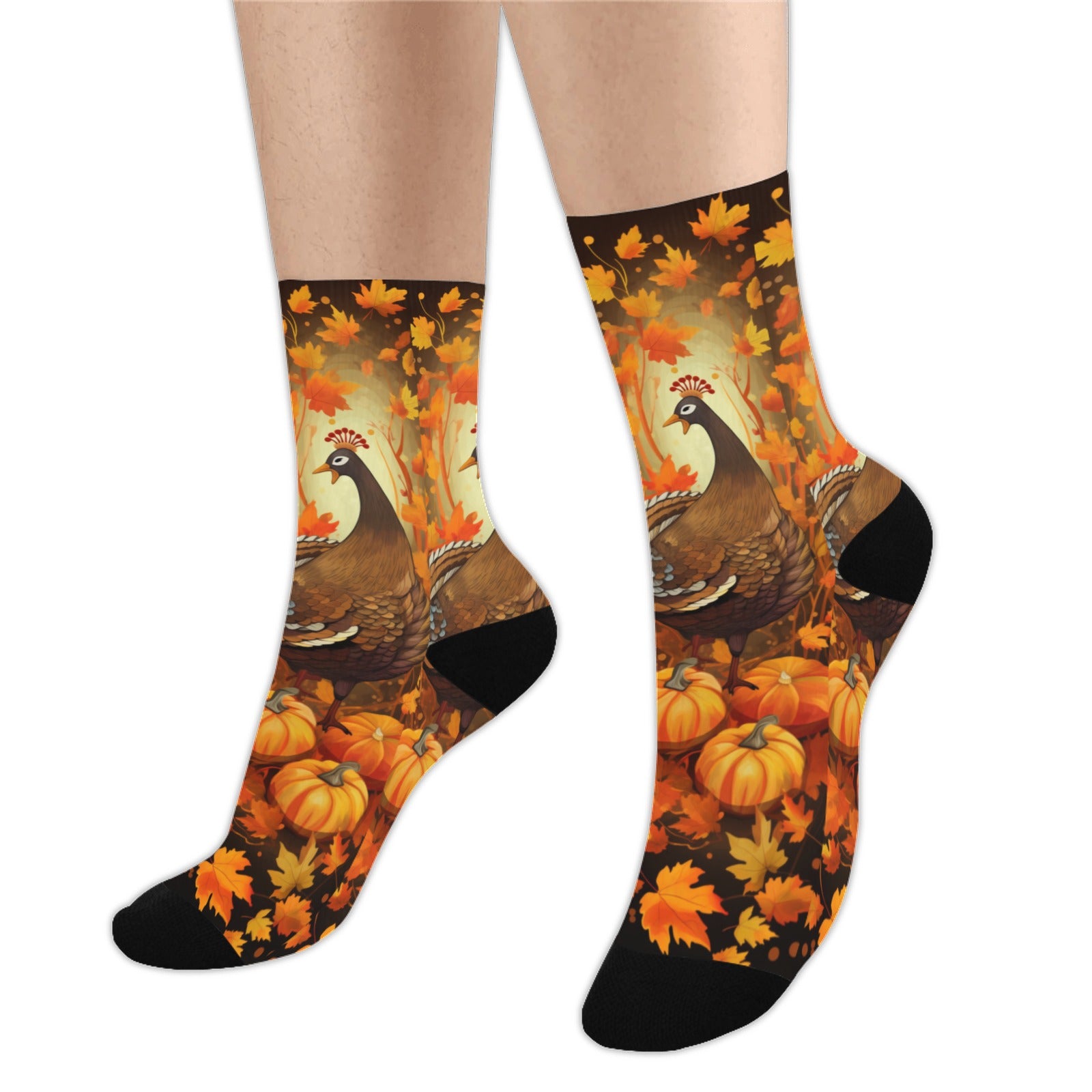 Thanksgiving Socks, Orange Fall Leaves Turkey Pumpkin Crew Sublimation Women Men Designer Fun Novelty Cool Funky Crazy Casual Unique Starcove Fashion