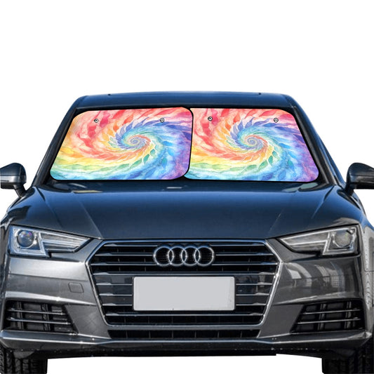 Rainbow Tie Dye Car Sun Shade 2 Piece Set, Colorful Windshield Side Window Foldable Trucks Auto SUV Trucks Protector Visor Screen Cover