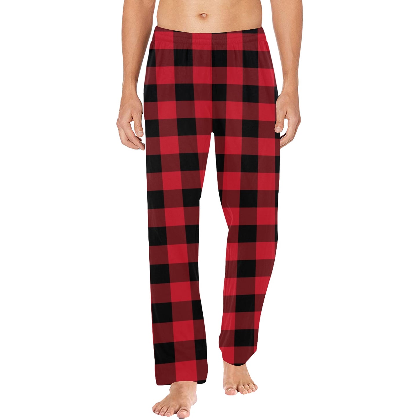 Red Buffalo Plaid Men Pajamas Pants, Black Tartan Check Christmas Xmas Satin PJ Pockets Sleep Trousers Couples Matching Trousers Bottoms