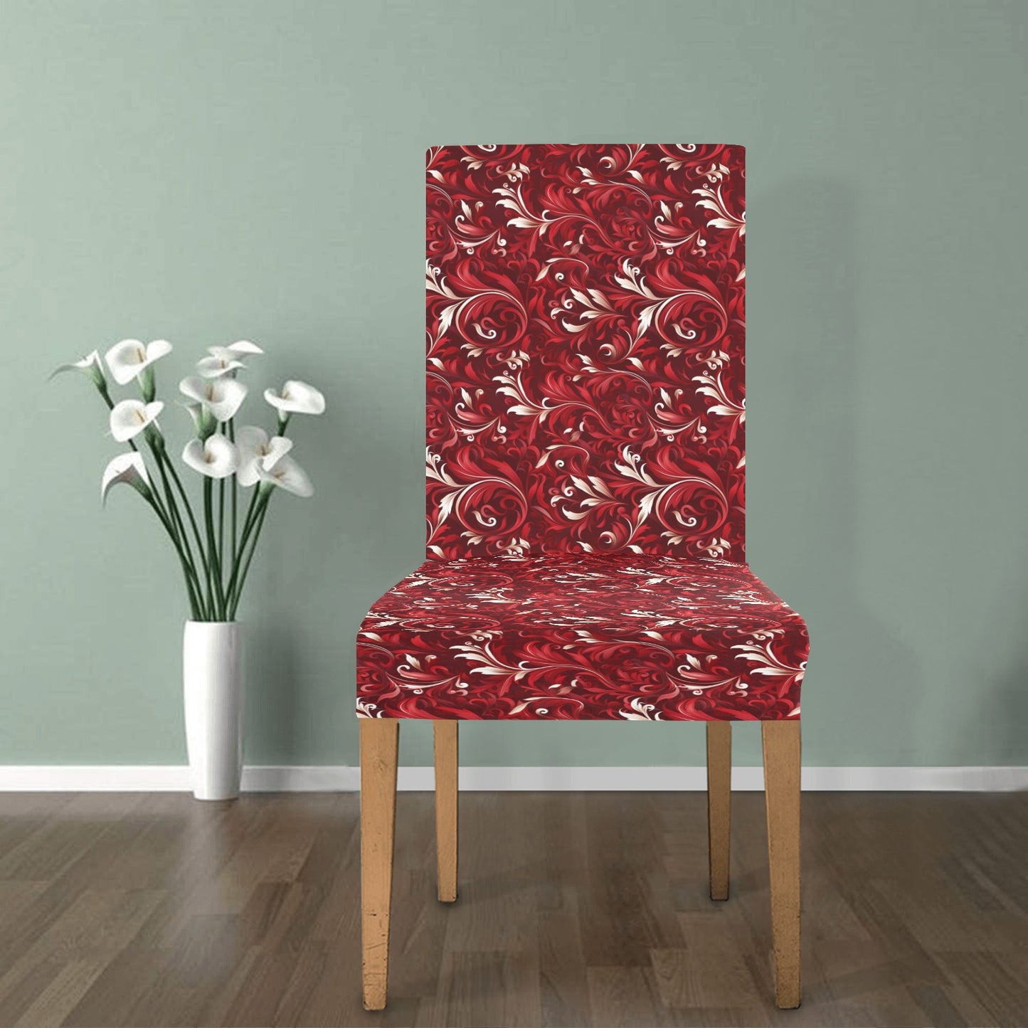 Red Dining Chair Seat Covers, Floral Swirls Stretch Slipcover Furniture Dining Room Party Banquet Home Decor Spandex