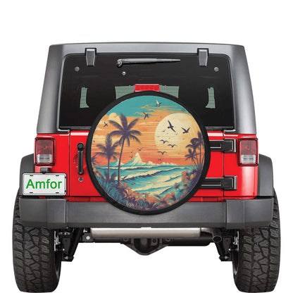 Beach Spare Tire Cover, Sunset Backup Camera Hole Rear Wheel Accessories Sun Tropical Palm Trees Custom Unique Design Trailer Camper RV Back