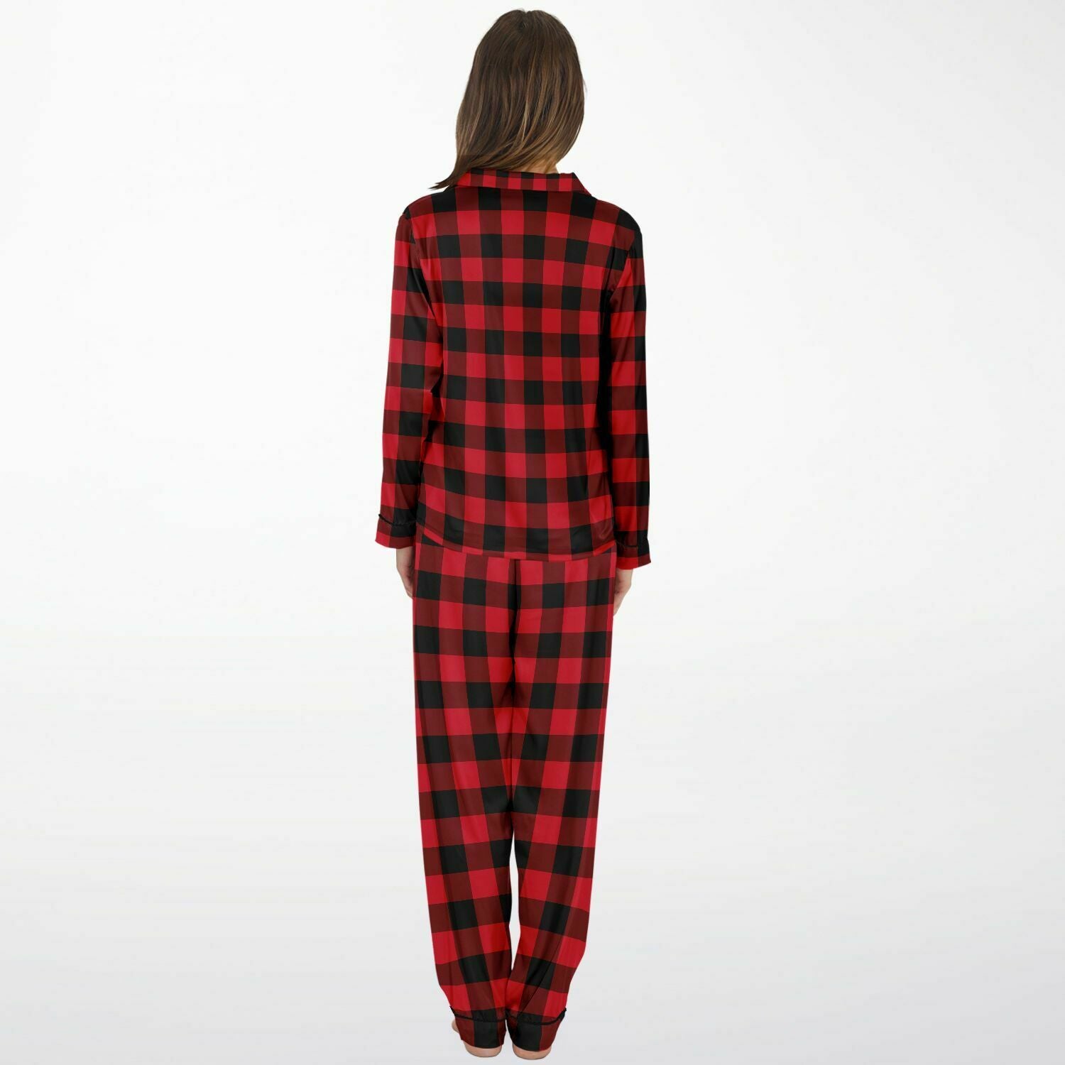 Buffalo Plaid Satin Women Pajama Set, Red Black Check Christmas Long Sleeve  Pants Shirt Top Soft Designer PJs