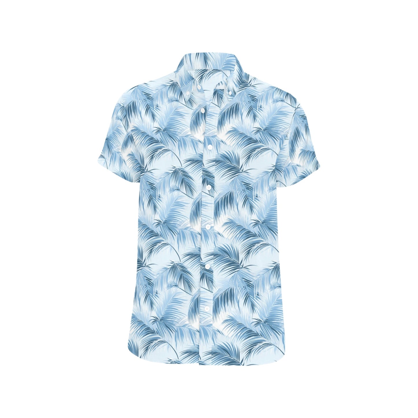 Palm Tree Leaves Short Sleeve Men Button Up Shirt, Blue Tropical Hawaiian Print Casual Buttoned Down Summer Dress Collared Shirt