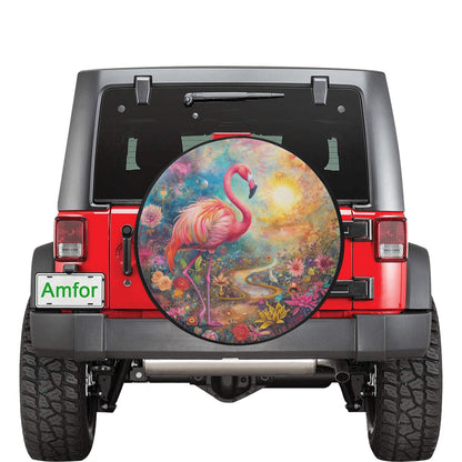 Pink Flamingo Spare Tire Cover, Floral Tropical Flowers Backup Camera Hole Rear Wheel Accessories Unique Design Trailer Camper RV Back