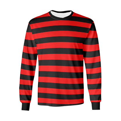 Men Long Sleeve Black Red Striped TShirt, Graphic Vintage Retro Stripes Crewneck Unisex Women Designer Tee Starcove Fashion