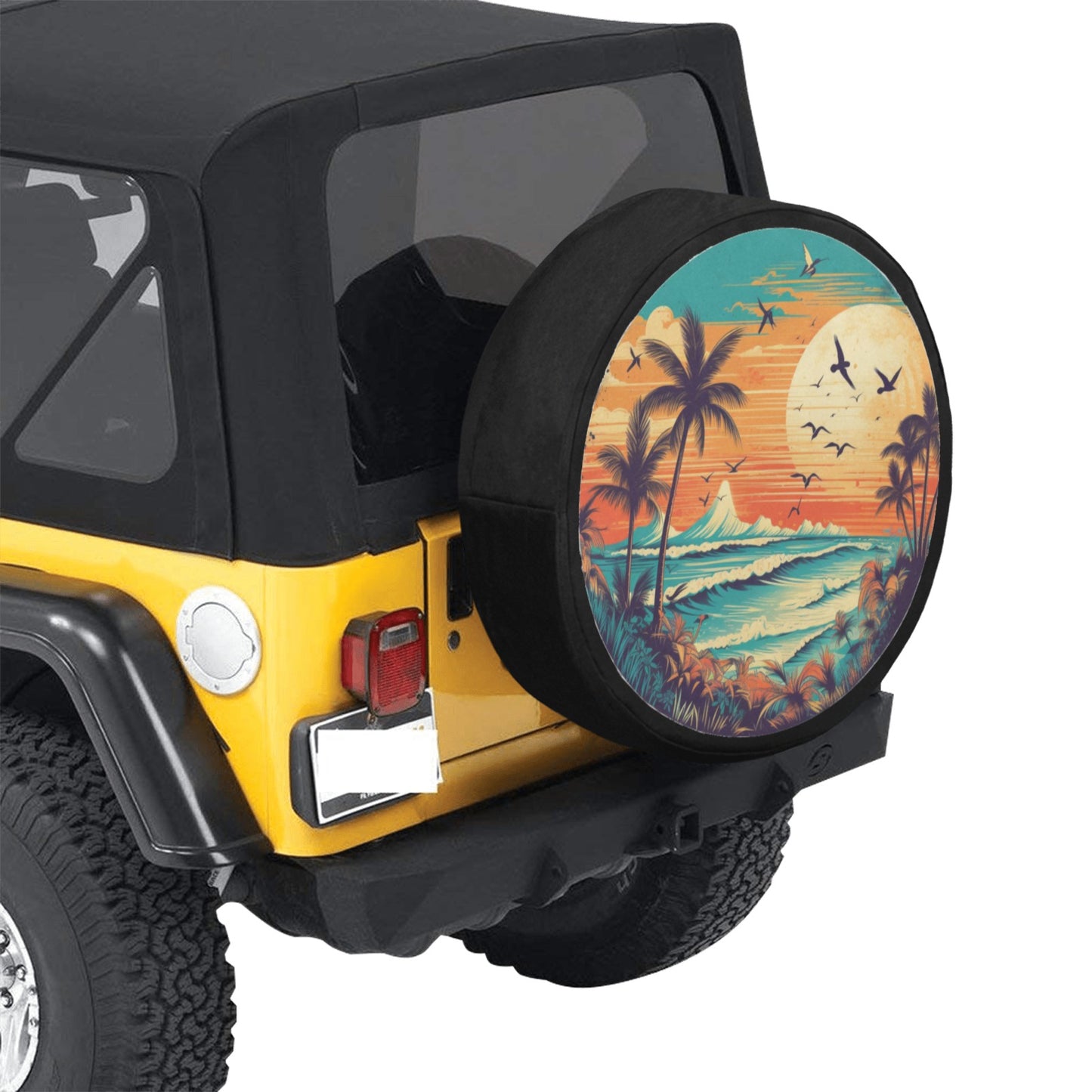 Beach Spare Tire Cover, Sunset Backup Camera Hole Rear Wheel Accessories Sun Tropical Palm Trees Custom Unique Design Trailer Camper RV Back