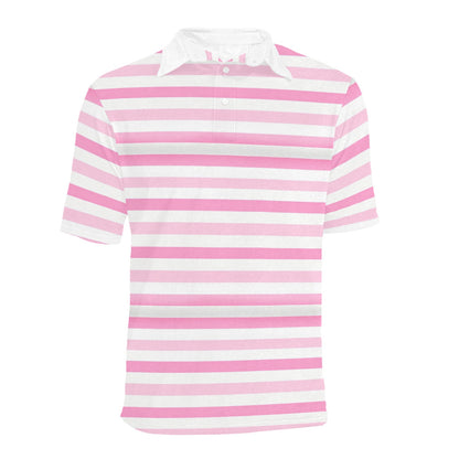 Pink White Striped Men Polo Shirt, Fun 90s Vintage Stripe Short Sleeve Classic Collared Button Down Up Rugby Golf Polo Gift Him Tee