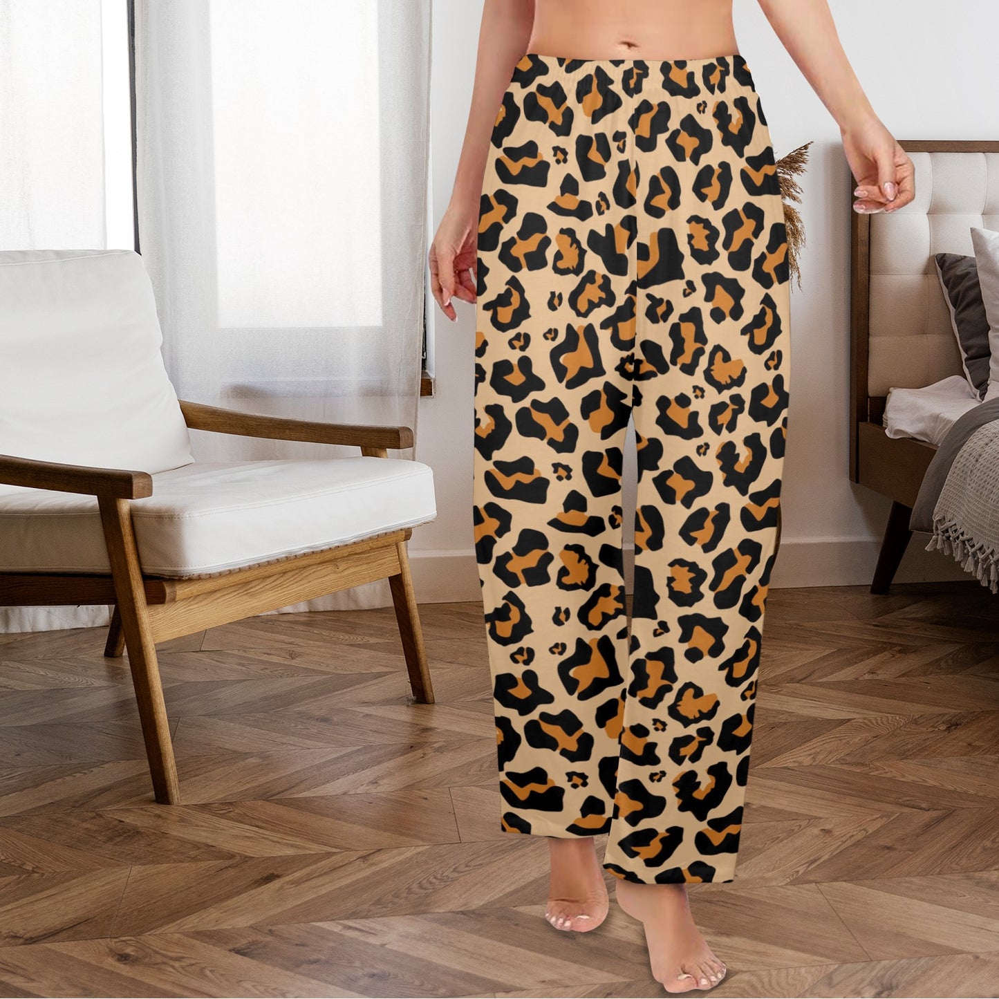 Leopard Print Women Pajamas Pants, Cheetah Animal Brown Pattern Satin PJ Funny Pockets Trousers Couples Matching Ladies Trousers Bottoms