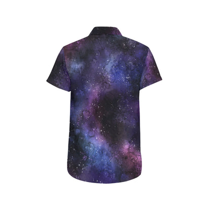 Galaxy Short Sleeve Men Button Down Shirt, Purple Outer Space Universe Astronomy Print Casual Buttoned Up Summer Collared Dress Plus Size