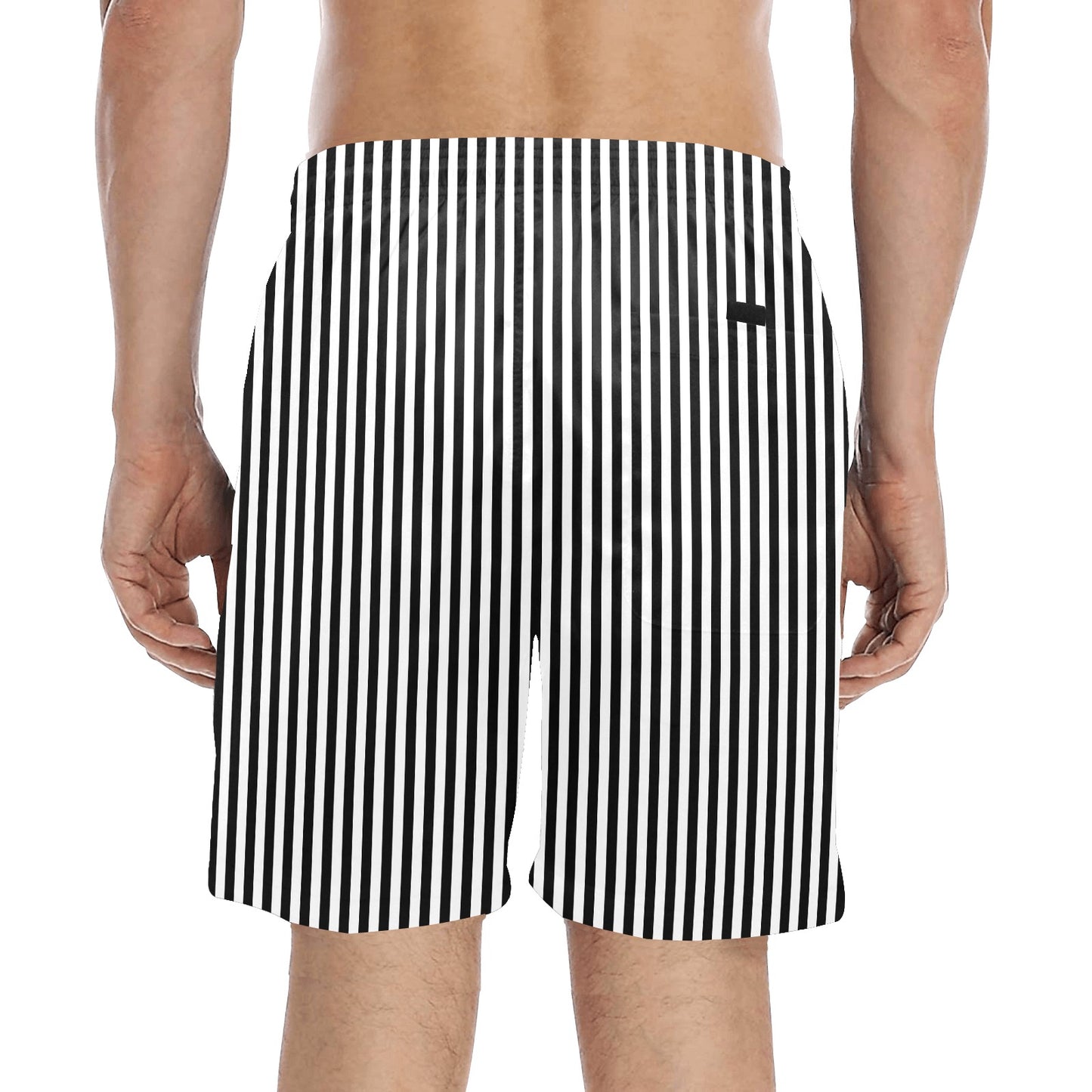 Black White Striped Men Swim Trunks, Mid Length Shorts Beach Pockets Mesh Lining Drawstring Male Casual Bathing Suit Plus Size Swimwear