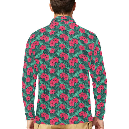 Tropical Flowers Men Long Sleeve Polo Shirt, Red Green Floral Vintage Designer Full Button Up Collared Golf Casual Tshirt Top