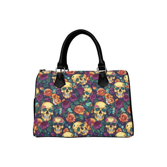 Skull Roses Print Handbag Purse, Purple Floral Cute Sugar Flowers Zipper Canvas Leather Top Handle Barrel Type Women Designer Ladies Bag