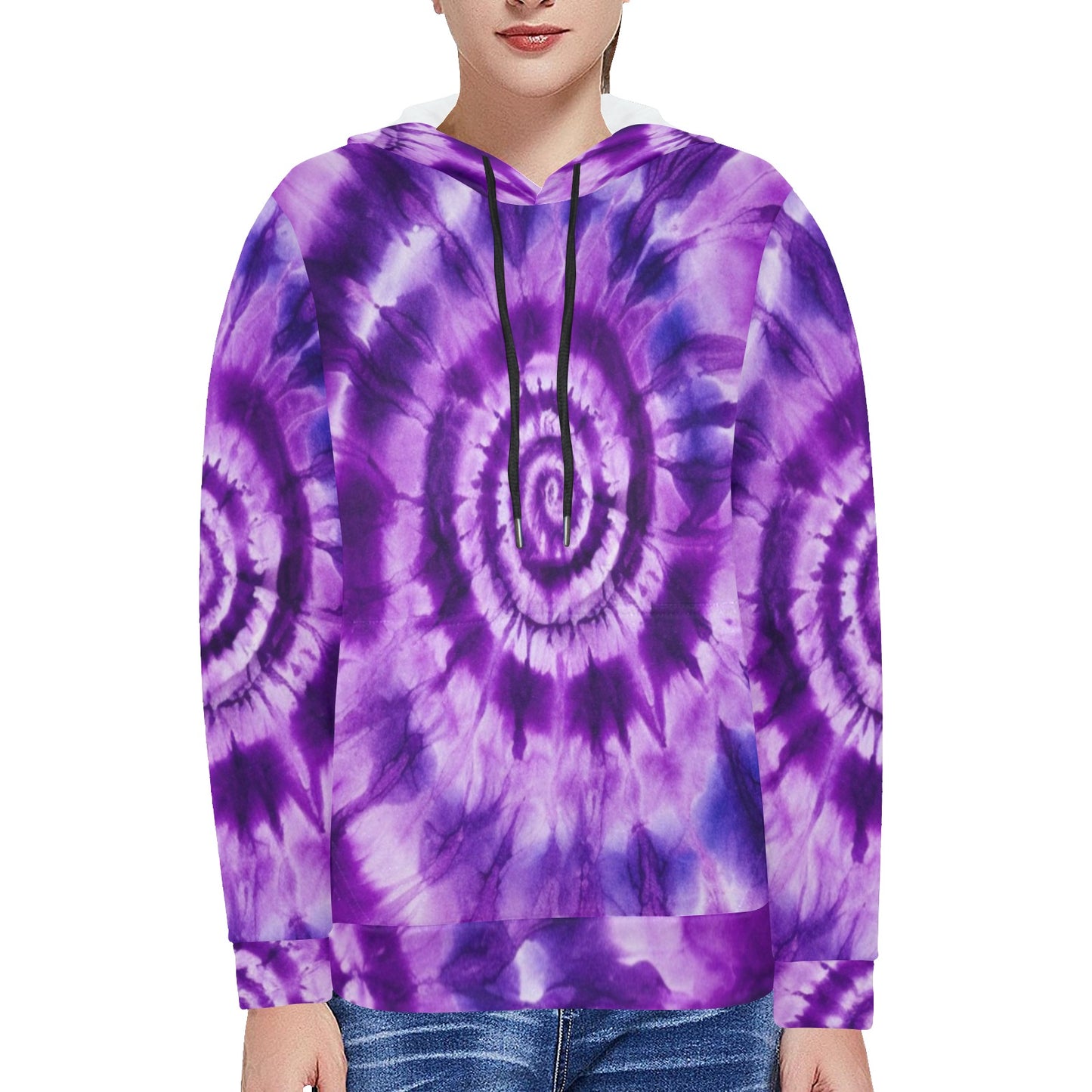 Purple Tie Dye Women Pullover Fleece Hoodie, Aesthetic Graphic Hooded Long Sleeve Sweatshirt with Pockets