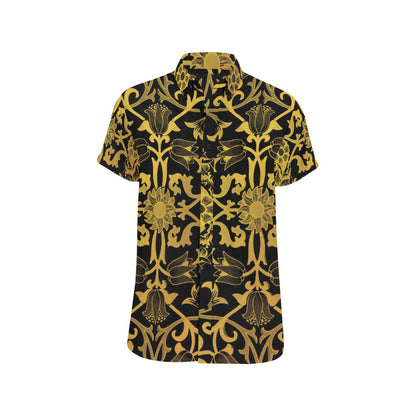 Ornate Design Short Sleeve Men Button Down Shirt, Vintage Gold Geometric Print Casual Buttoned Down Summer Dress Collared Shirt