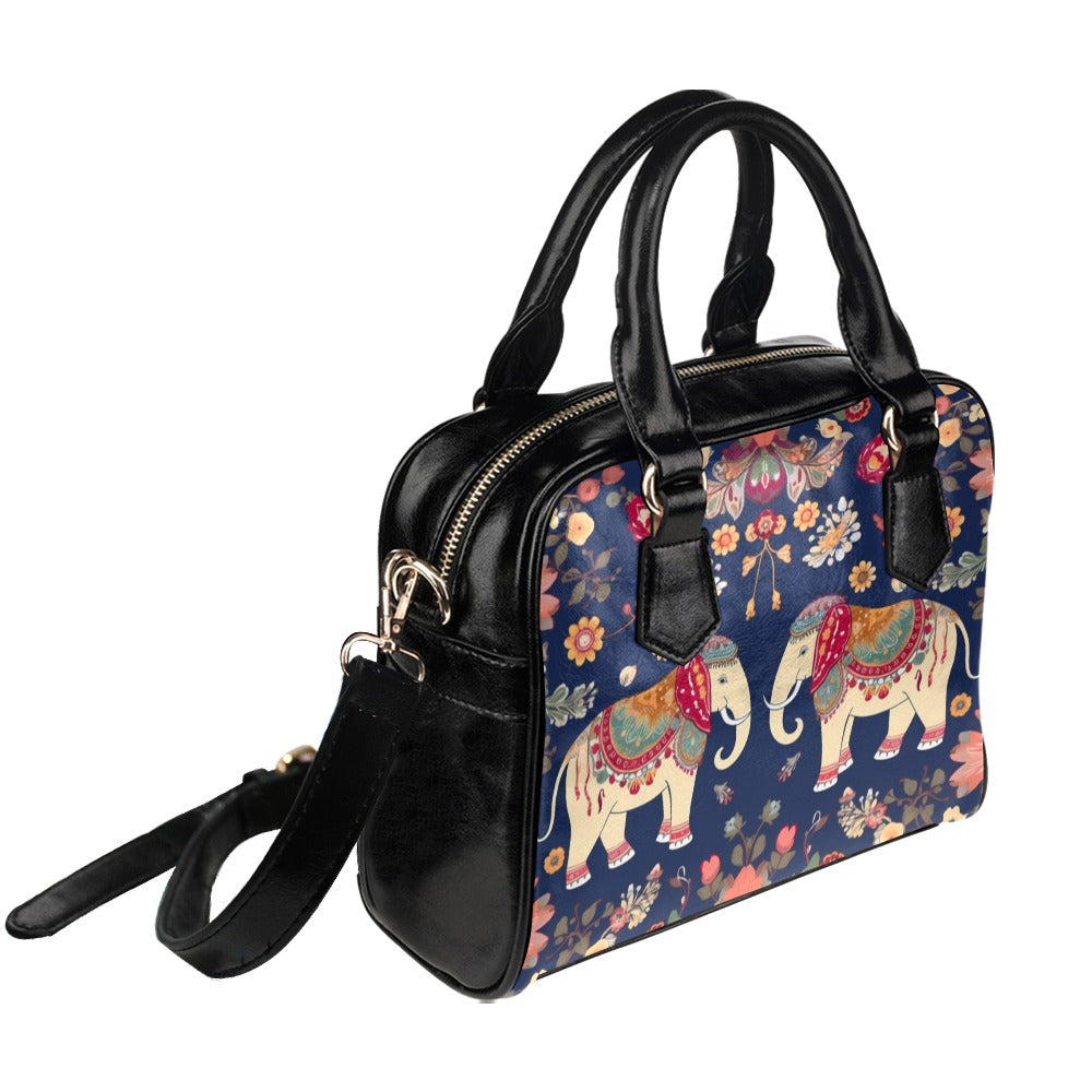 Elephant Leather Purse, Floral Women Designer Handbag Animal Print Black Small Cute Shoulder Vegan Leather Crossbody Bag Ladies