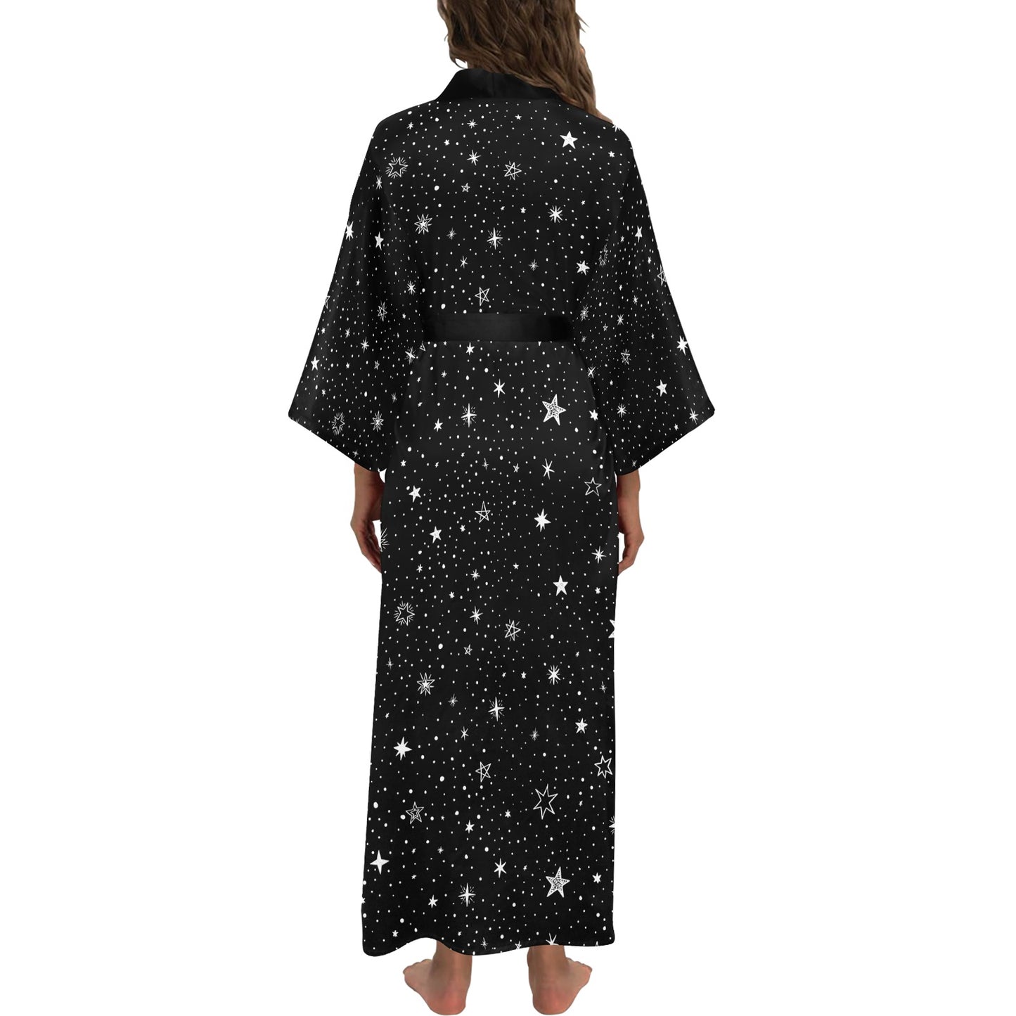 Stars Kimono Robe Long Sleeves Women, Space Black White Print Peignoir Japanese Ladies Long Maxi Sexy Lounge Sleep Pajama Bathrobe