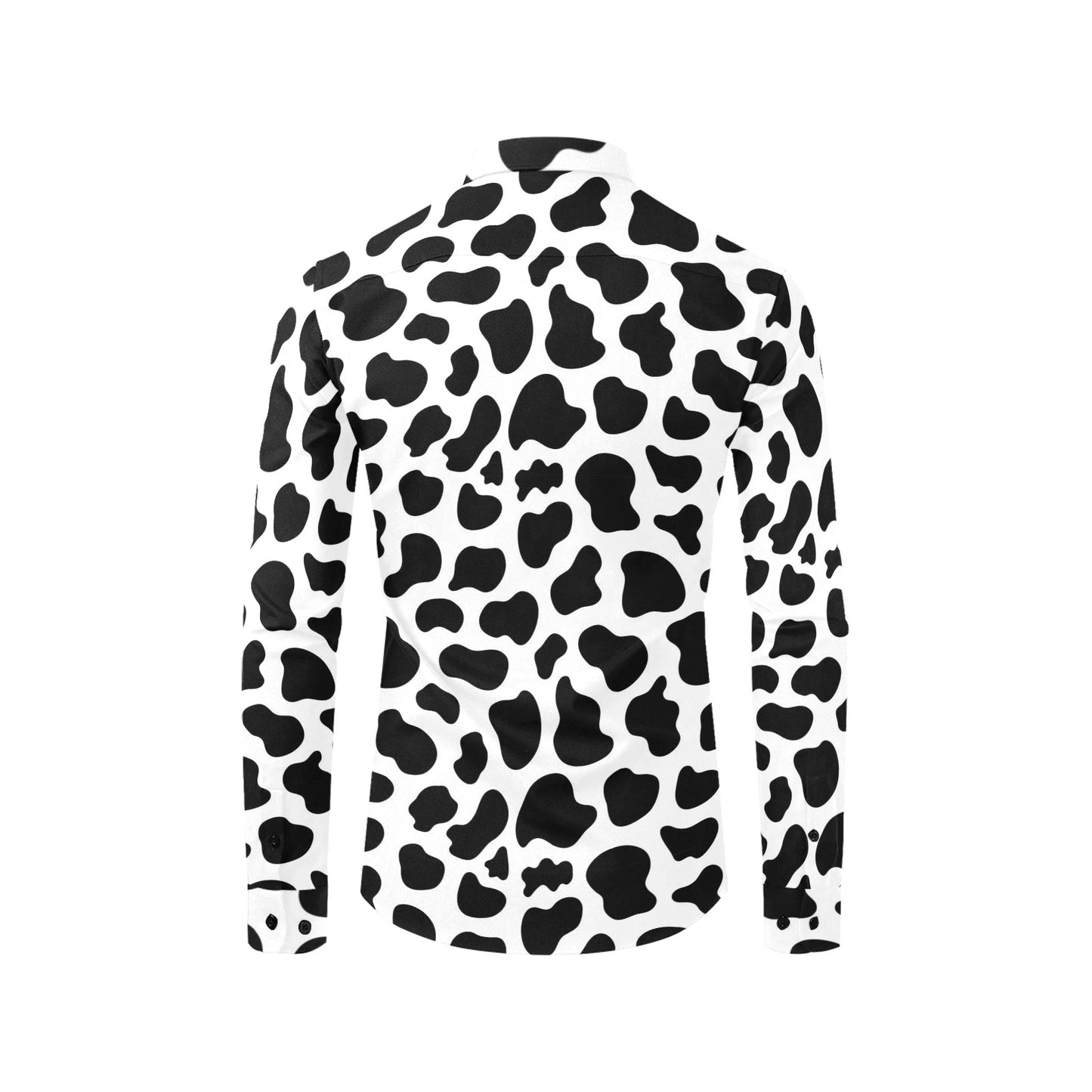 Cow Print Long Sleeve Men Button Up Shirt, Black White Animal Guys Male Print Buttoned Down Collared Graphic Casual Dress Shirt