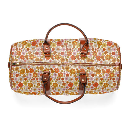 Groovy Flowers Waterproof Travel Bag, Vintage Floral Retro 70s Top Zipper Shoulder Bag Leather Strap Handle Overnight Weekender Starcove Fashion