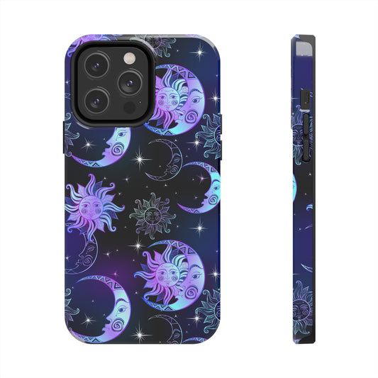 Sun Moon Stars Tough Phone Case, Celestial Purple iPhone 14 13 Pro Max 12 11 X XR XS SE 7 8 Plus Cell Cover Cool Aesthetic Starcove Fashion