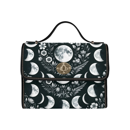 Celestial Moon Black Satchel Purse bag, Cottagecore Boho Small Lunar Phase Witch Waterproof Cute Women Crossbody Vegan Leather Strap Handbag